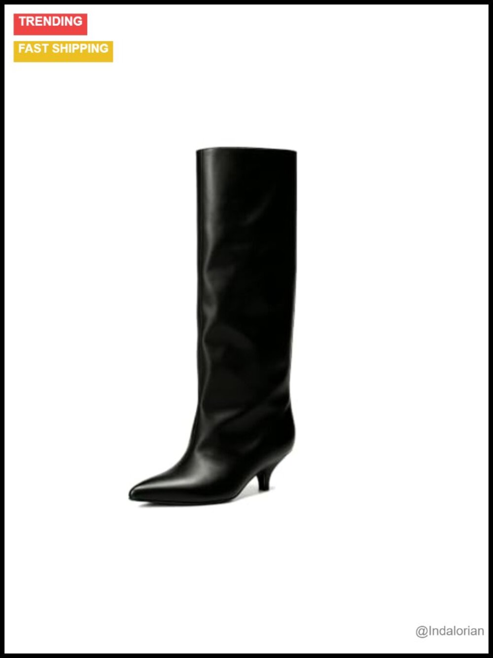 Knee High Boots for Women Pointed Toe Fold Over Kitten Heel Pull-On